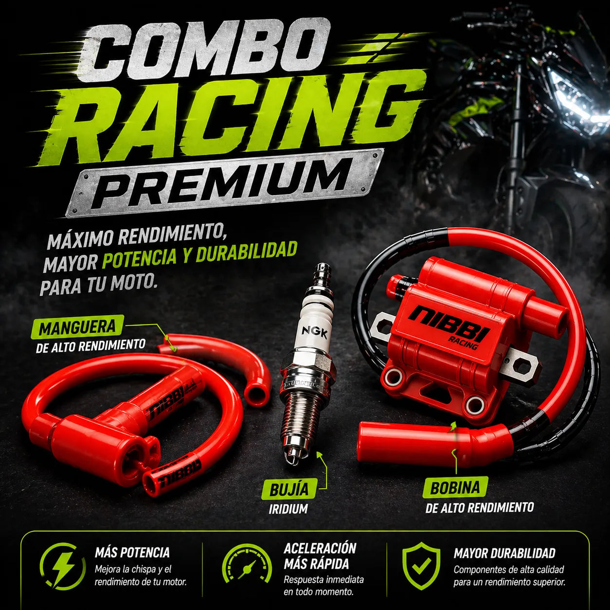 COMBO RACING PREMIUM MÁS POTENCIA | INCLUYE: BOBINA - CABLE DE ALTA - BUJÍA