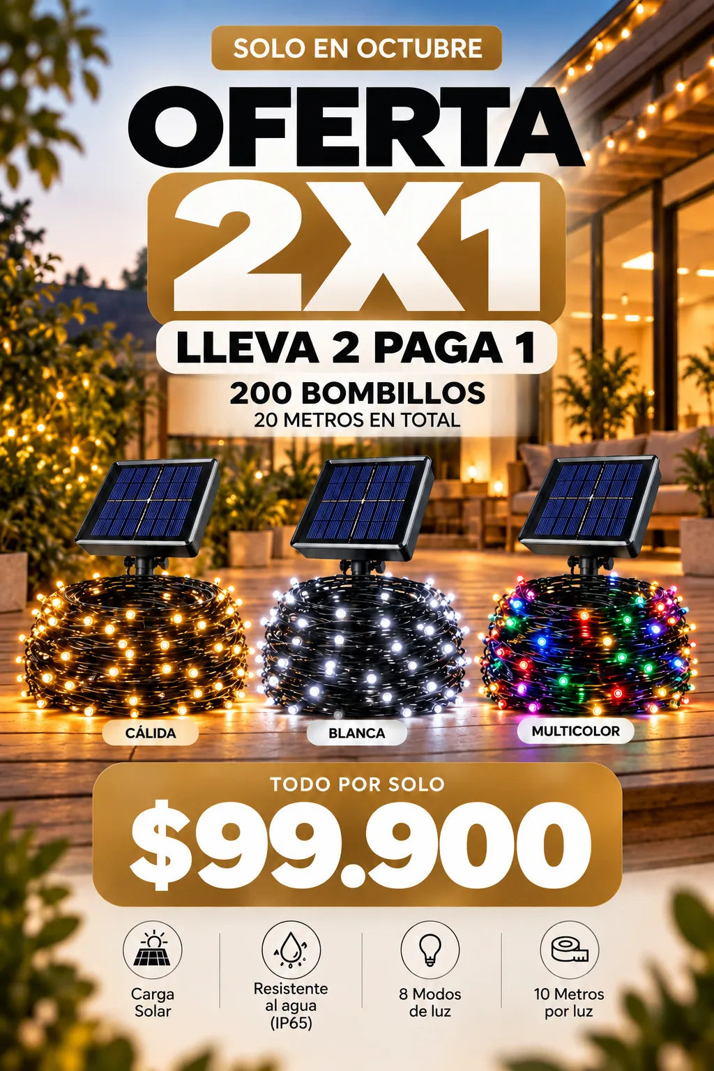 Compra 1 Lleva la 2 Gratis - 20 METROS (200 Bombillos) Luces Solares Navideñas ALTA LUMINOSIDAD