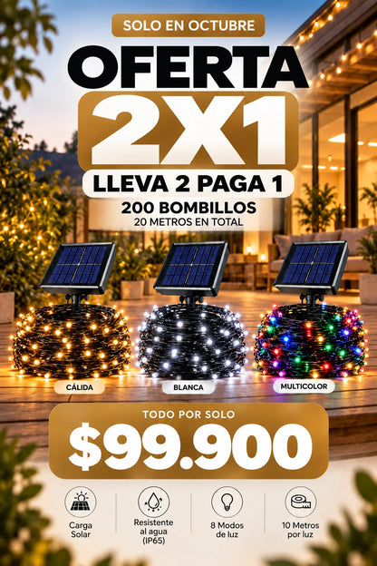 Compra 1 Lleva la 2 Gratis - 20 METROS (200 Bombillos) Luces Solares Navideñas ALTA LUMINOSIDAD