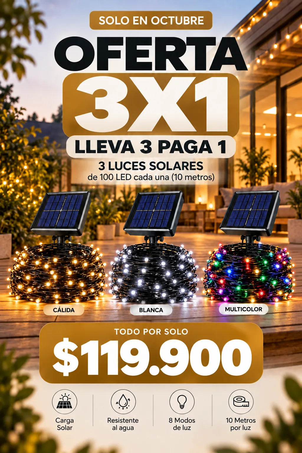 Luces Solares Navideñas (30 METROS + 300 BOMBILLOS  ) Compra 1 Lleva 3 | OFERTA 3X1 SOLO OCTUBRE